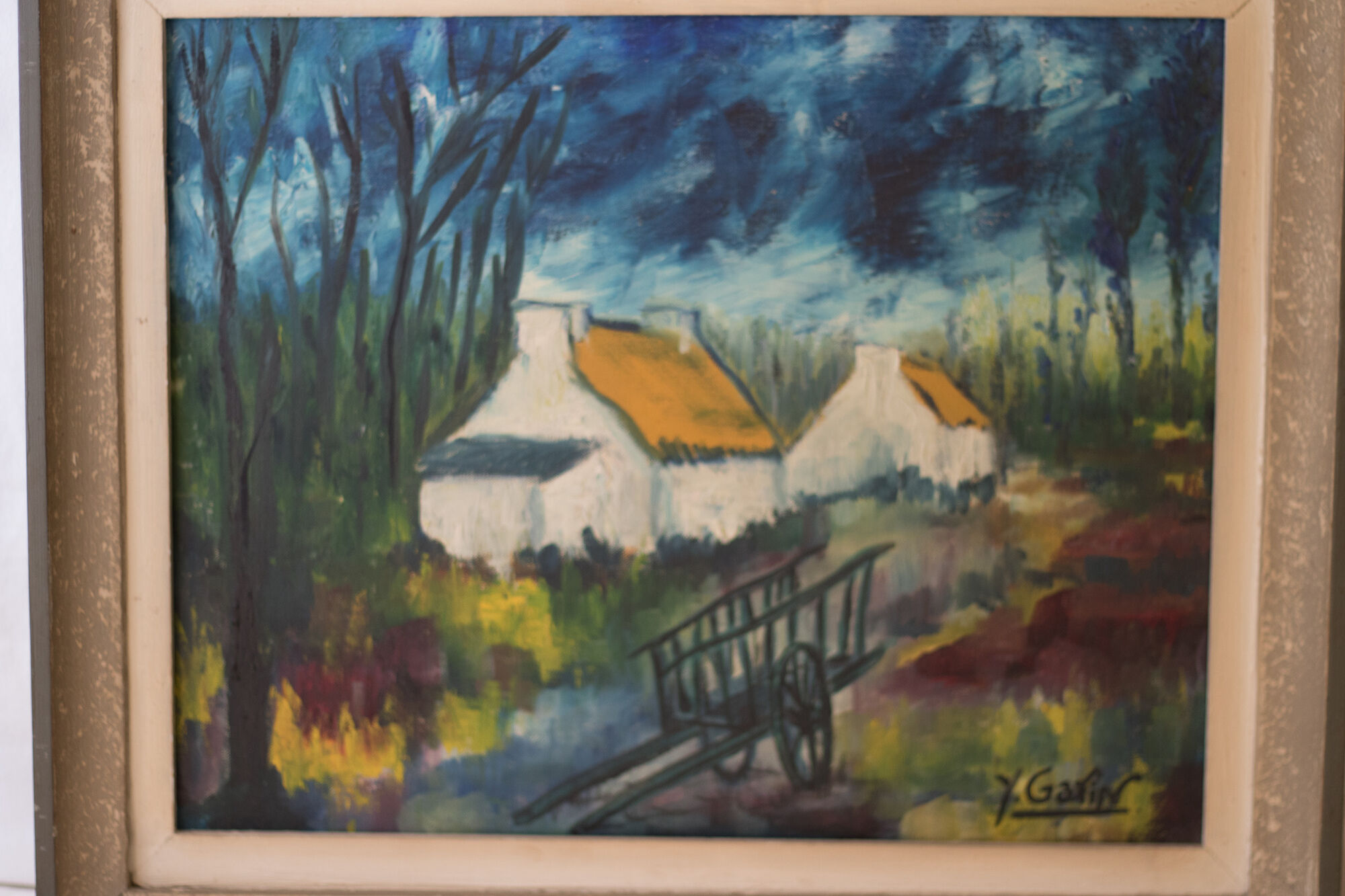 Tableau "les chaumières à la charrette" huile sur toile