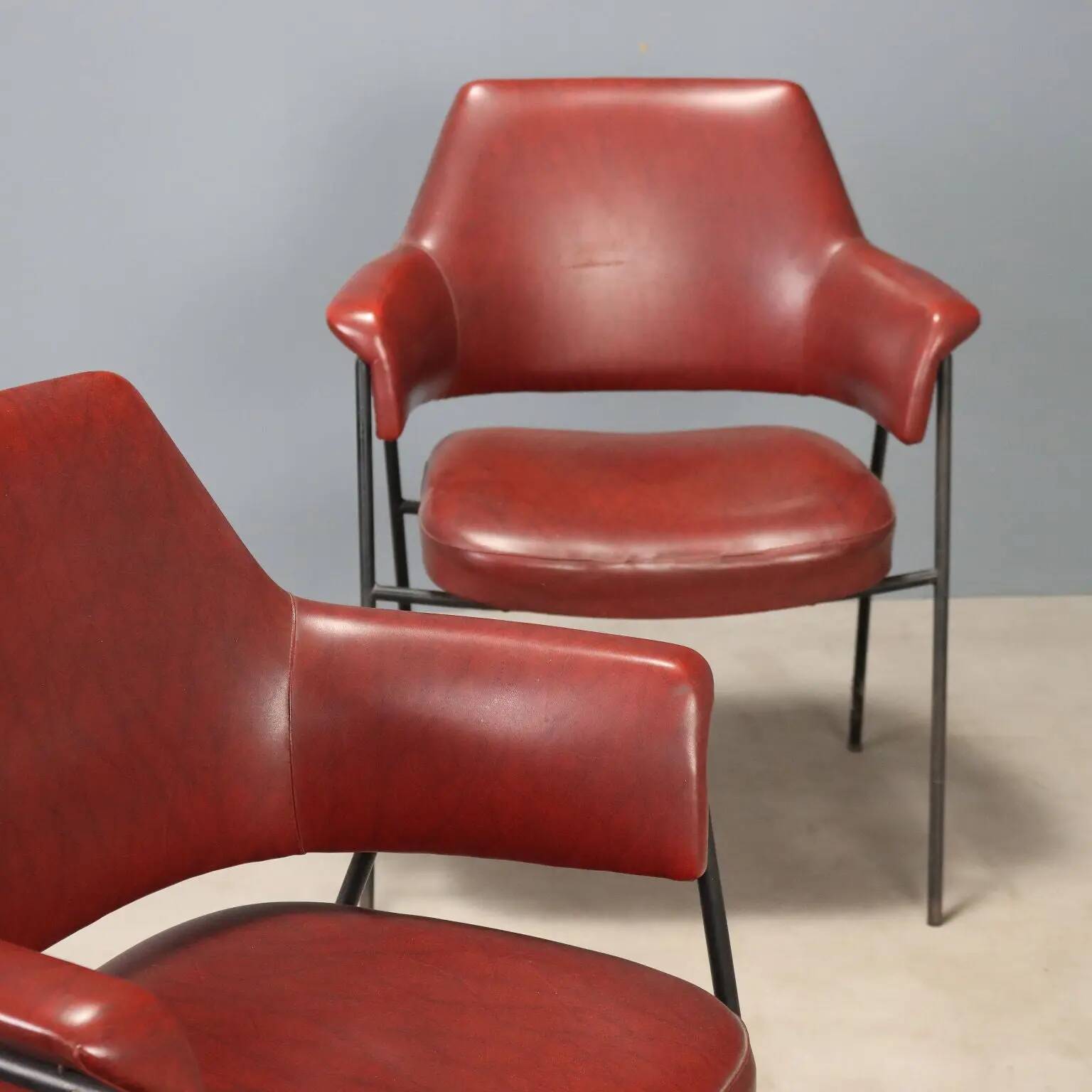 Pair of vintage metal and faux leather armchairs, Italian design, 1960s