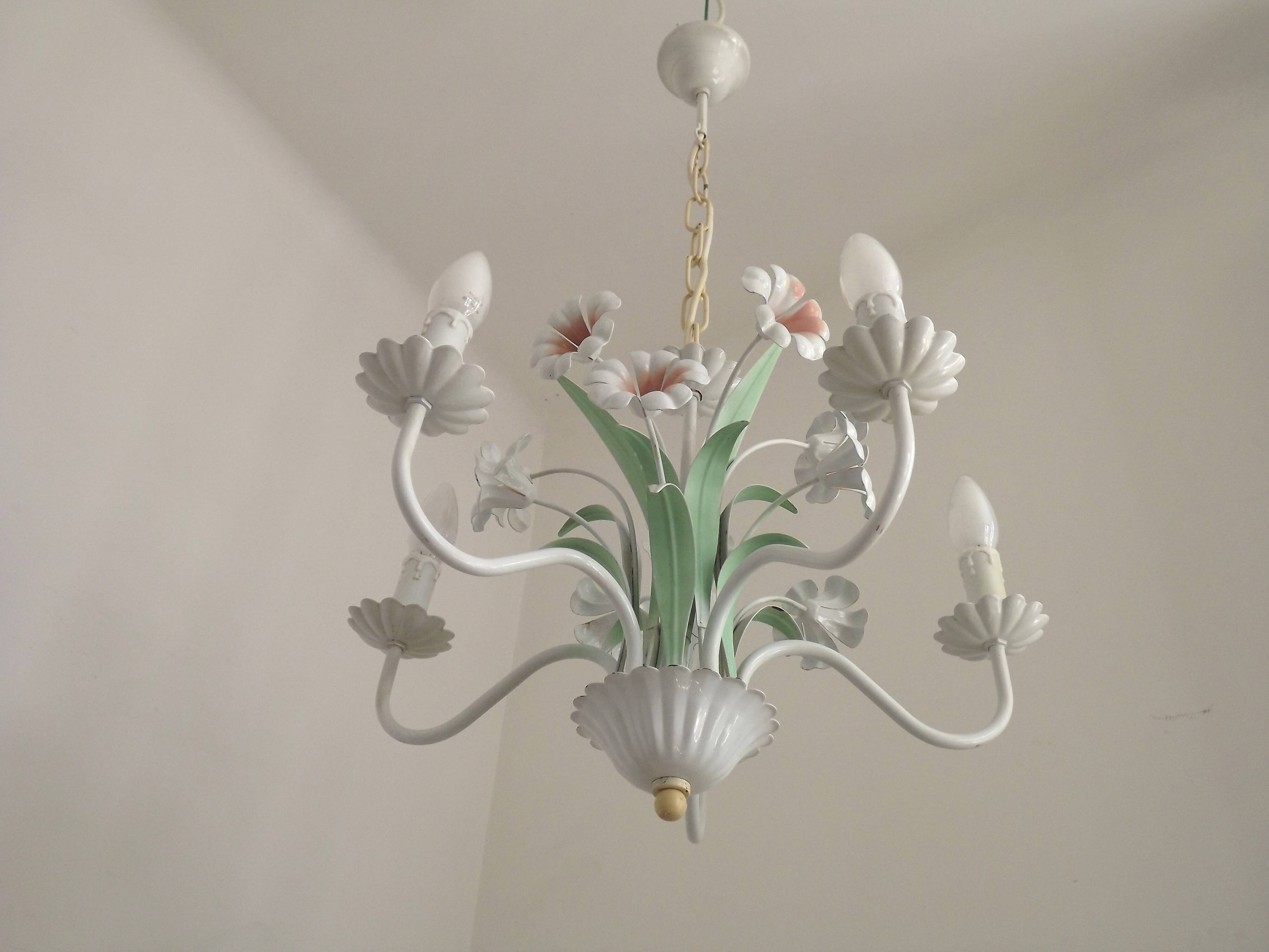 French Vintage 5 Light White Metal Chandelier With Pretty Pink Flowers