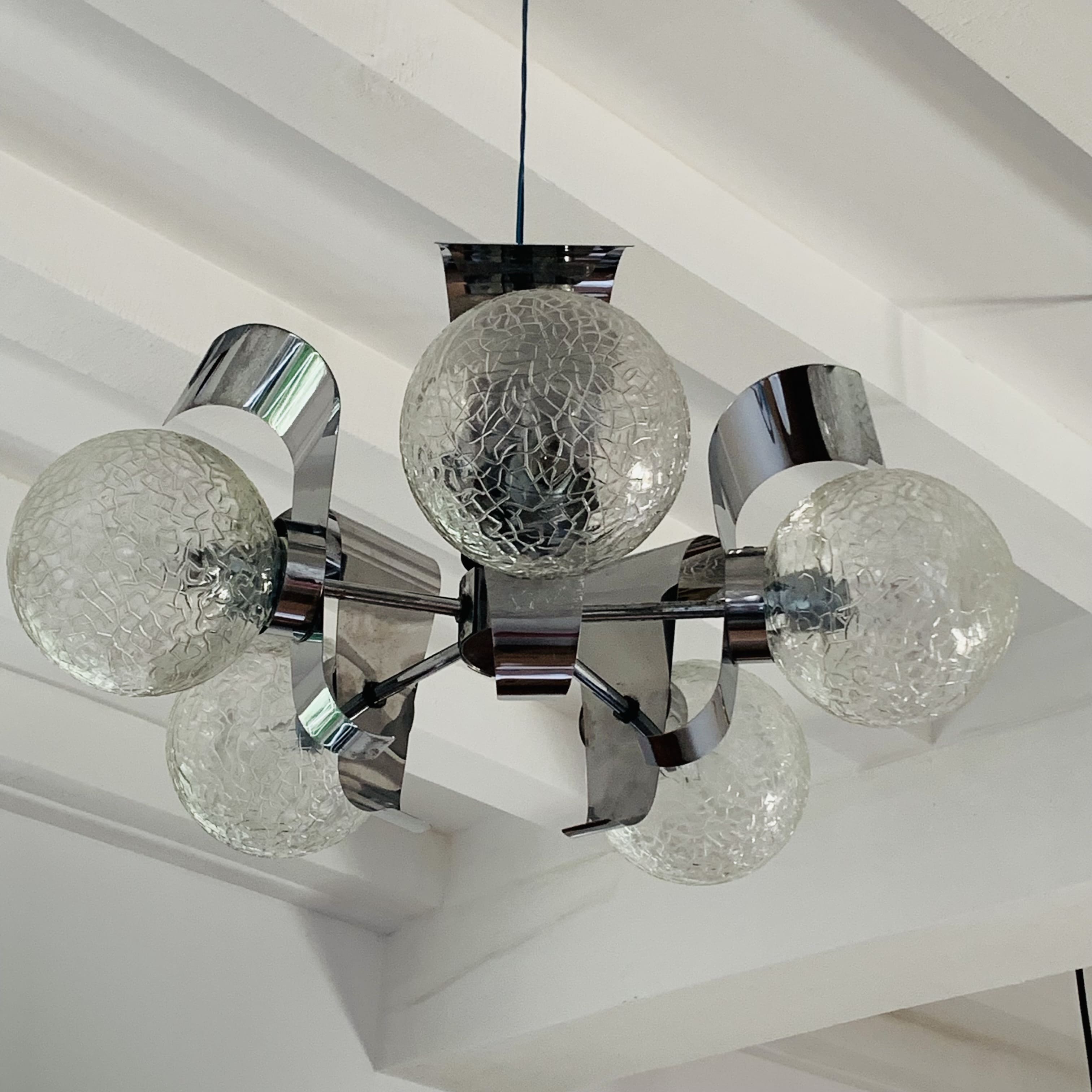 Vintage suspension 5 lights, glass and chrome