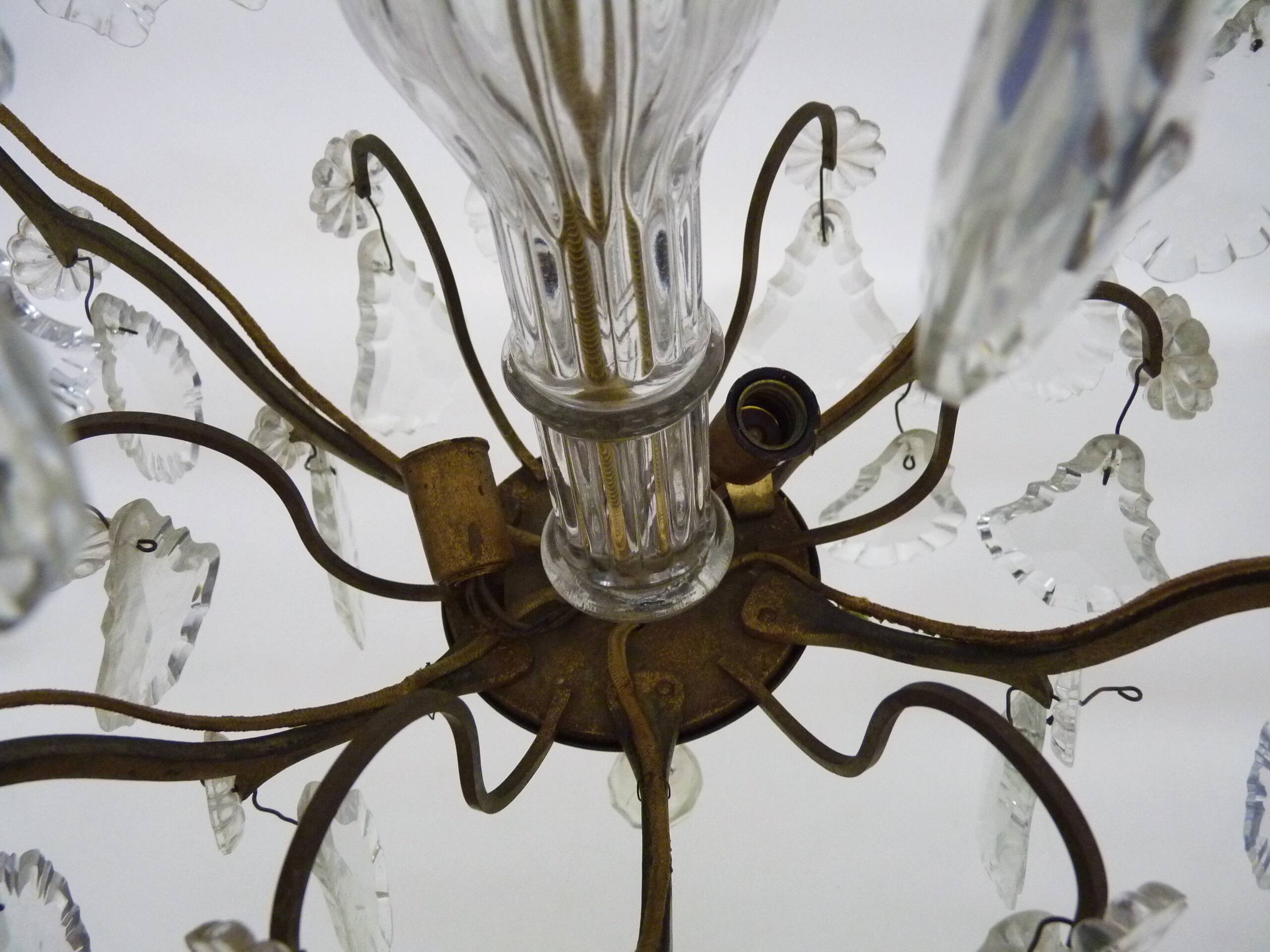 Vintage 8-light chandelier with glass pendants. 1960s.