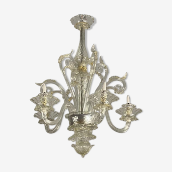 Lustre vénitien en verre de Murano transparent et légèrement doré, 5 bras de lumière