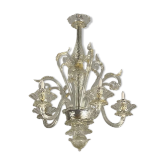 Lustre vénitien en verre de Murano transparent et légèrement doré, 5 bras de lumière