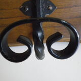 Wooden wall coat rack and its 4 wrought iron hangers, 60s