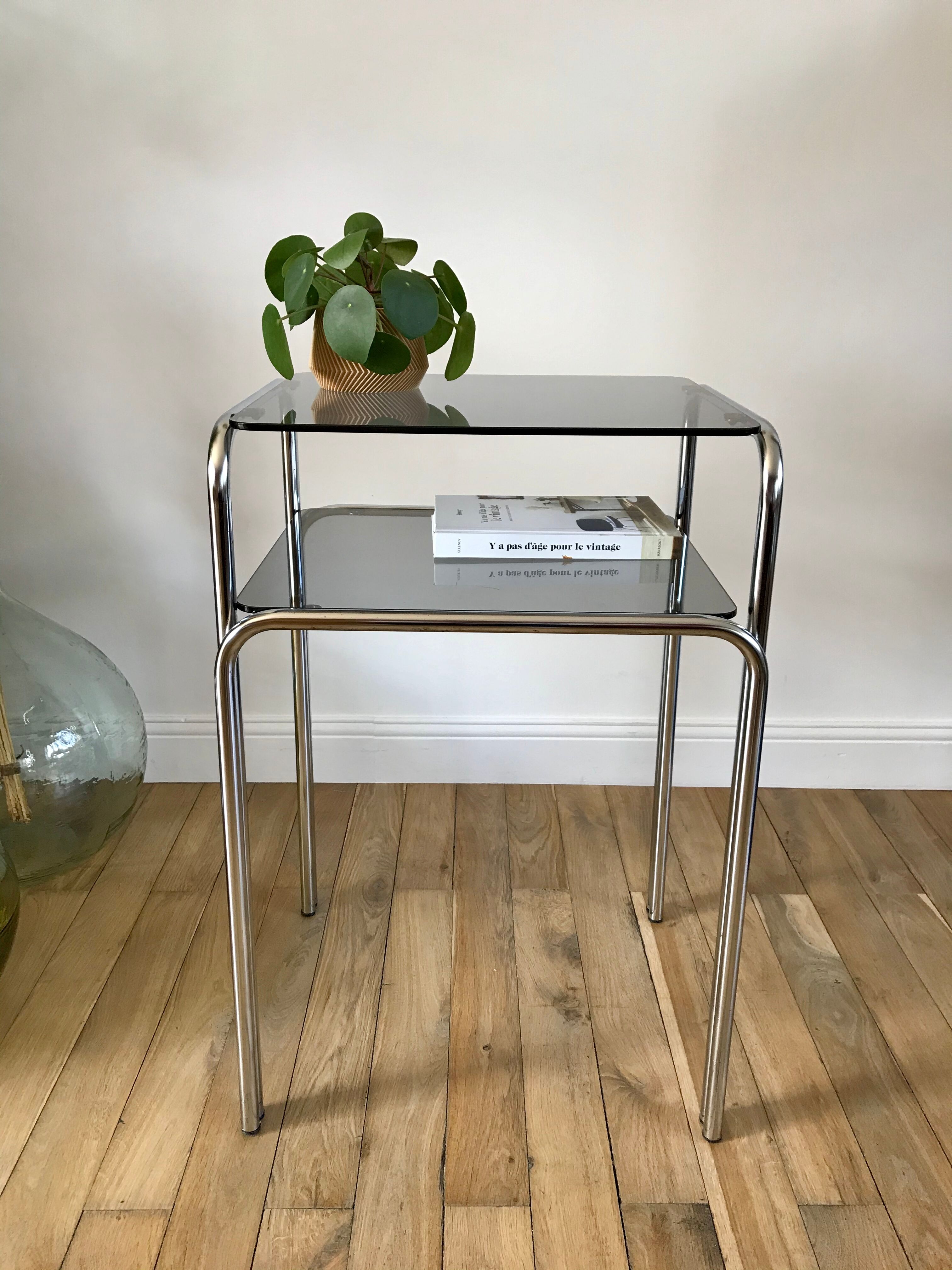 Side table in chrome and smoked glass 70s