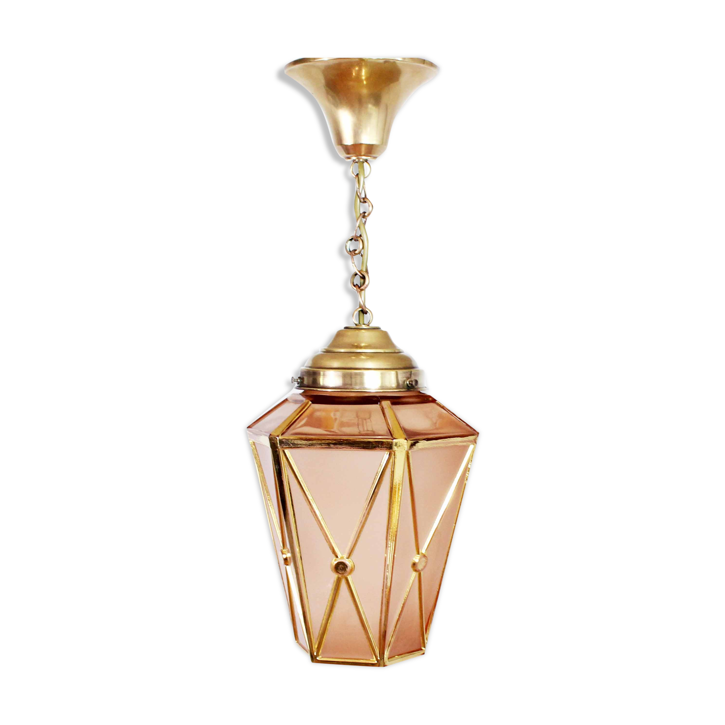 Art Deco suspension in pink and brass glass