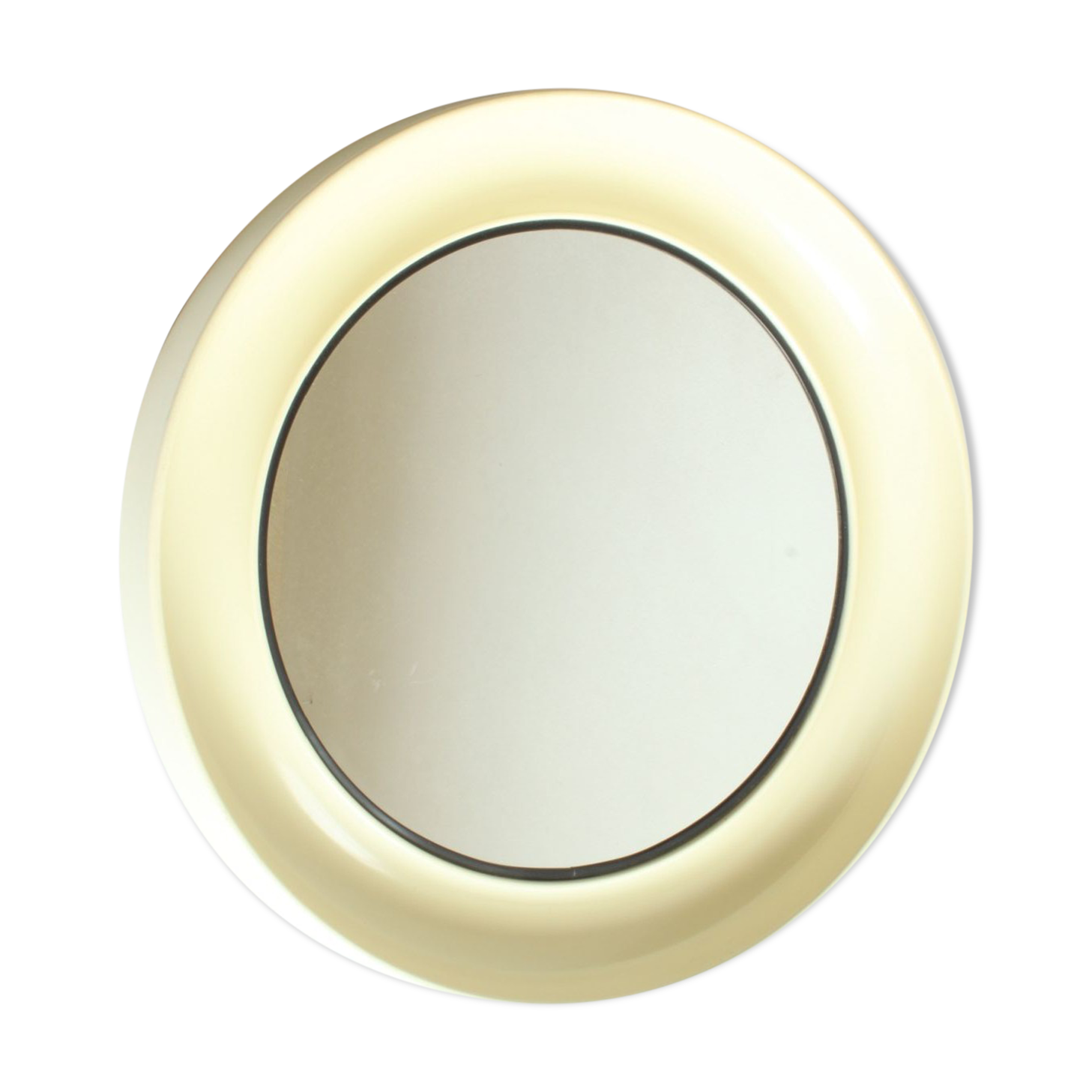Round conical mirror in white plastic, Denmark 1960s.