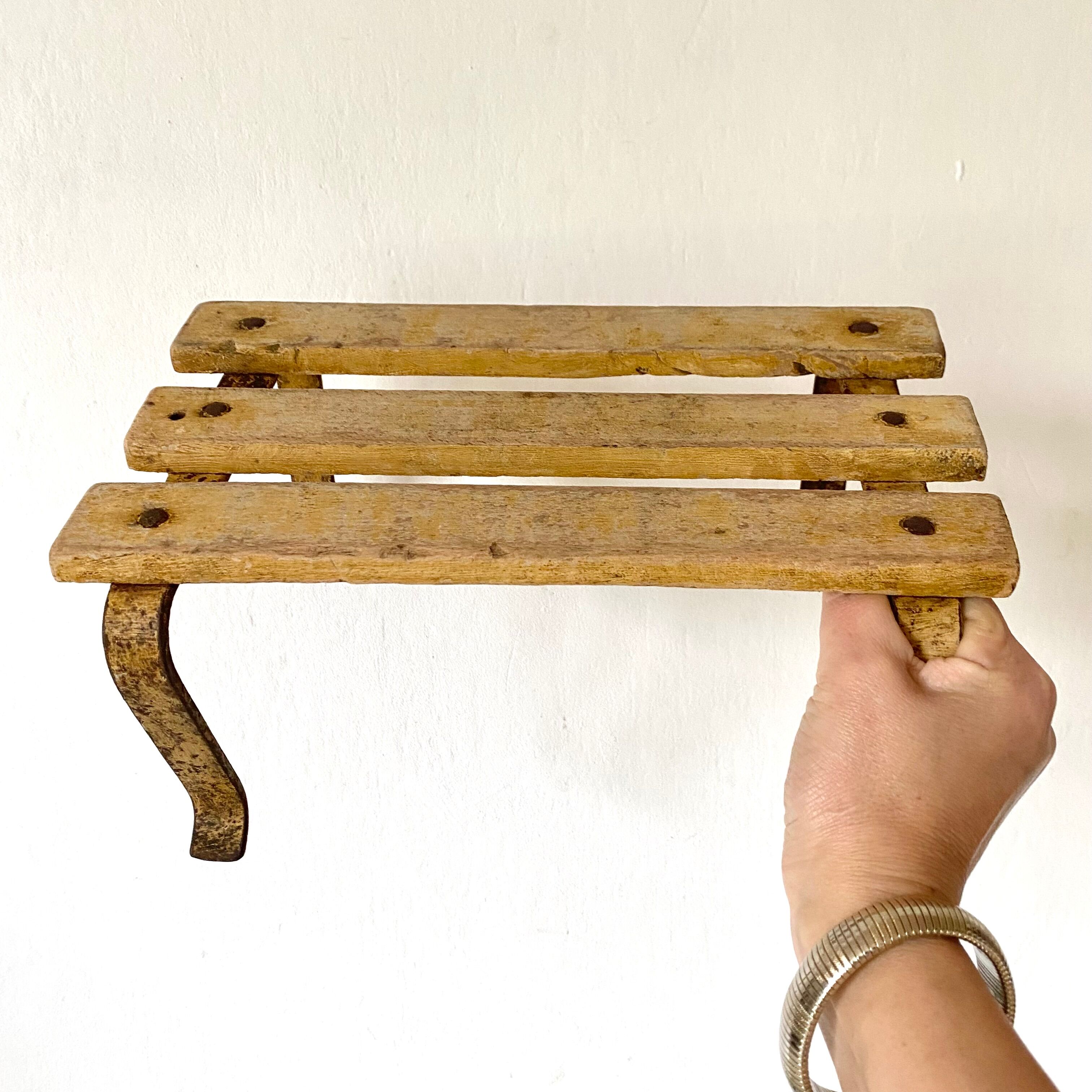 Low stool, wooden and metal plant holder