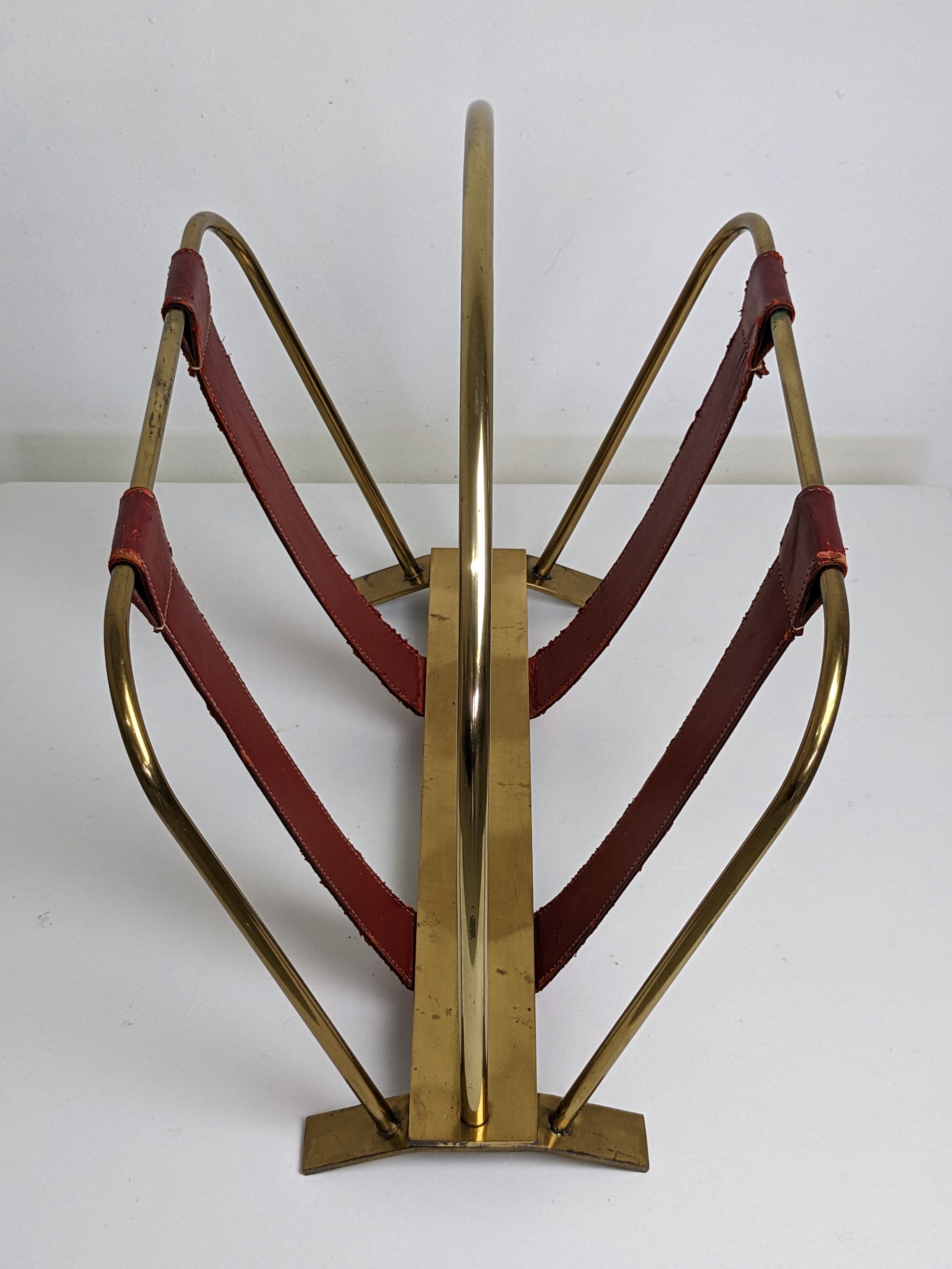 Brass and leather magazine holders, France, 50s