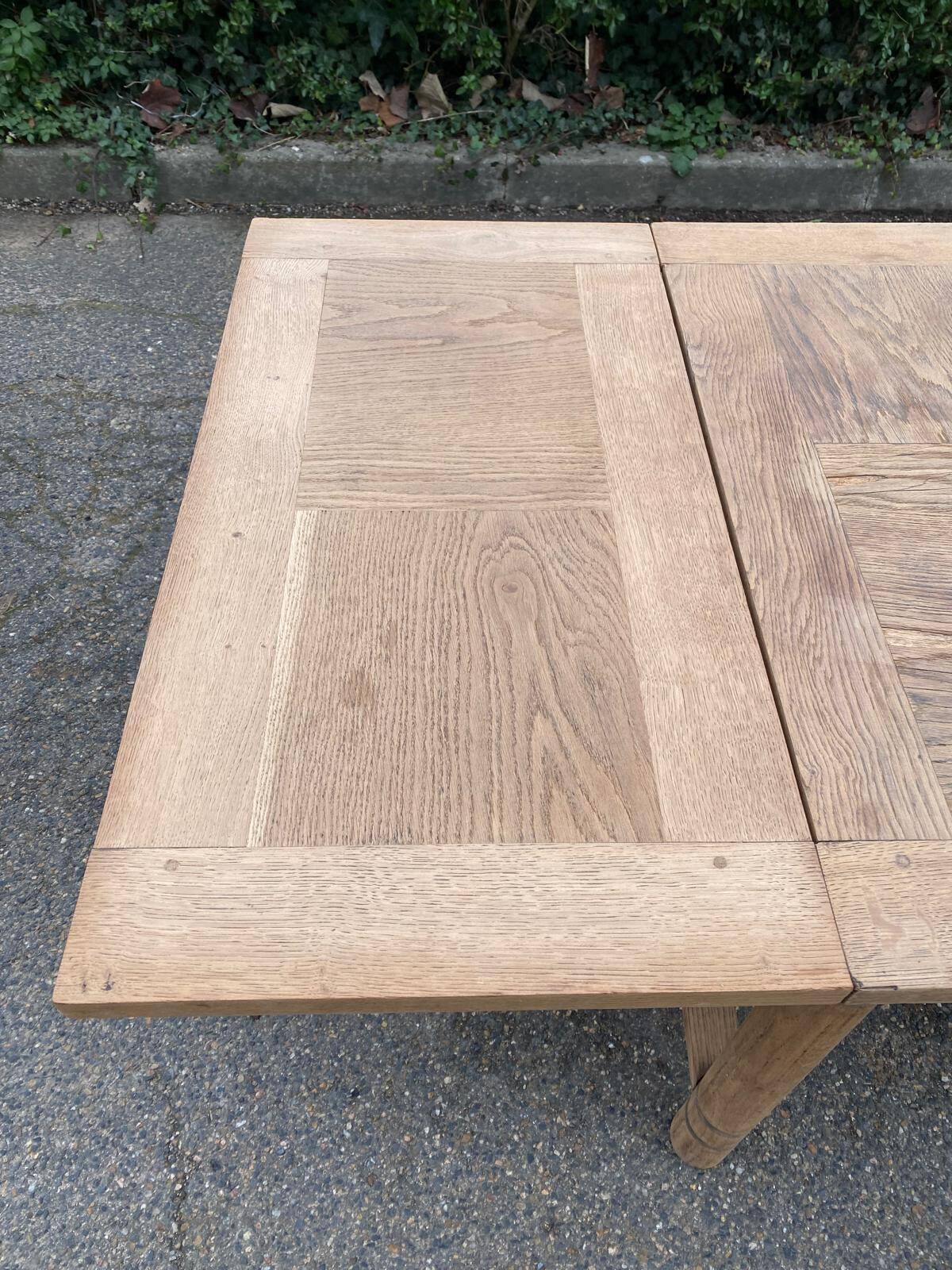 Renovated extendable farmhouse table in raw solid wood and marquetry 210cm