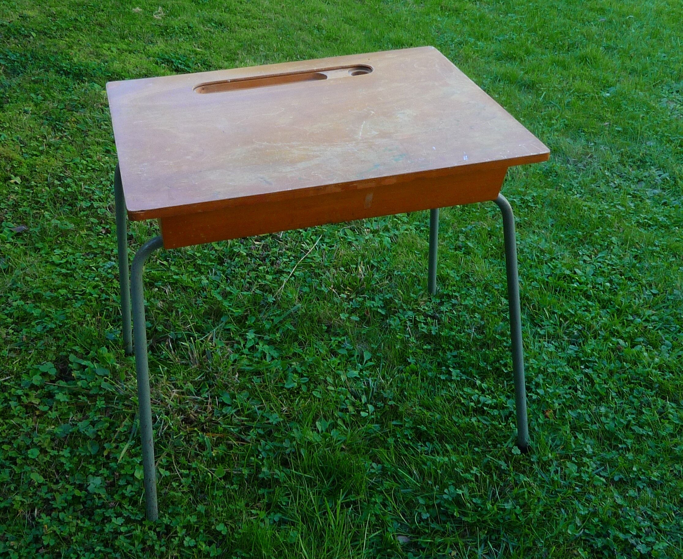 Folding school desk, wood and metal, vintage 50s