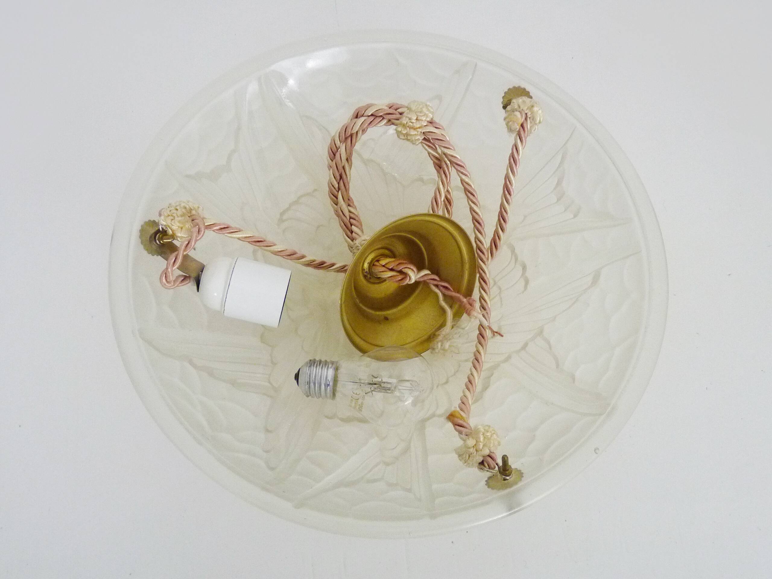 Ancien lustre, suspension vasque Art Déco 1 Feu, en pâte de verre, décor oiseaux. Années 30