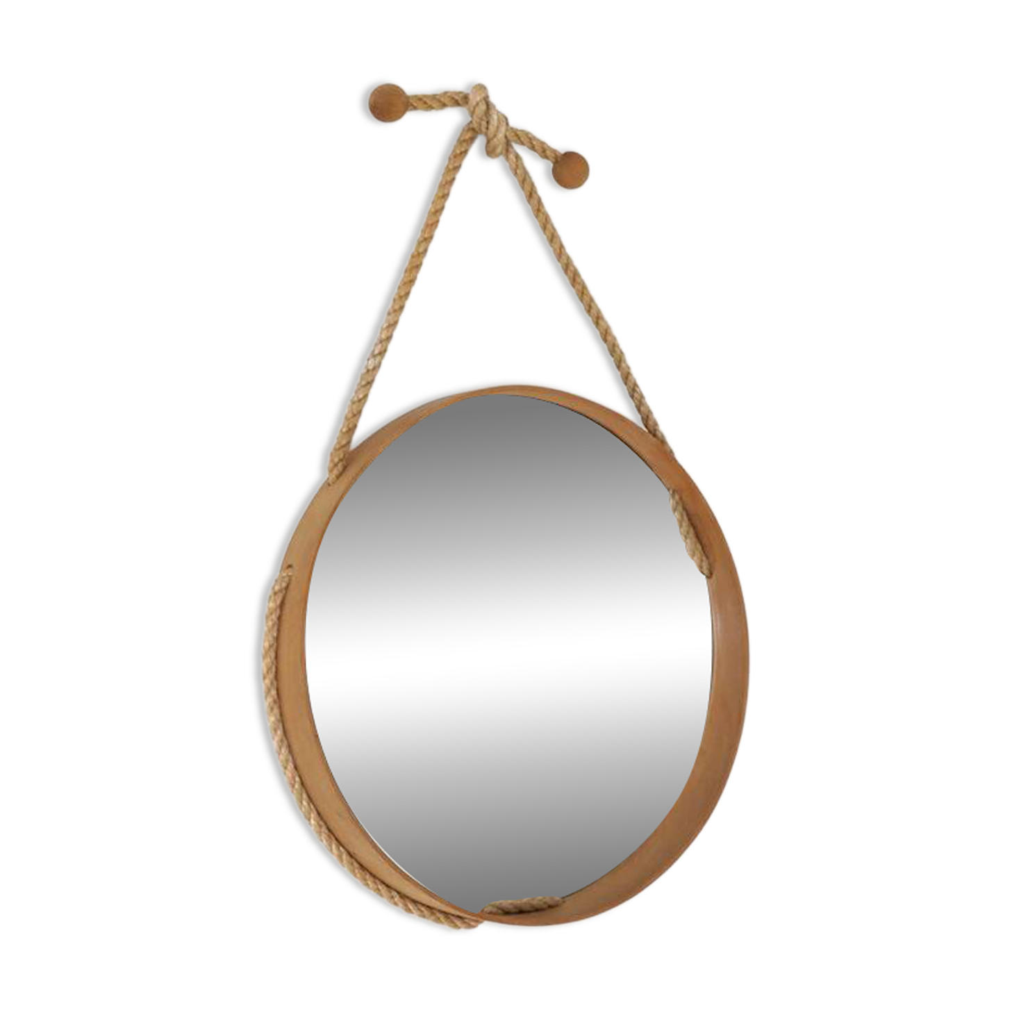 Round mid-century wall mirror / beech / sisal / Danish modern design / 1970s