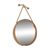 Round mid-century wall mirror / beech / sisal / Danish modern design / 1970s