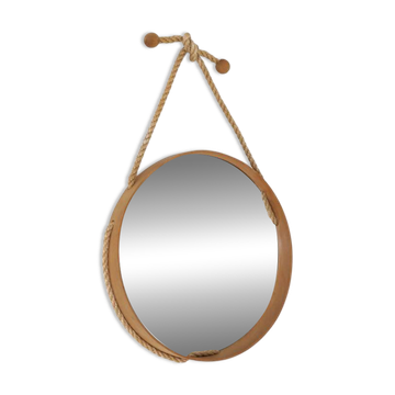 Round mid-century wall mirror / beech / sisal / Danish modern design / 1970s