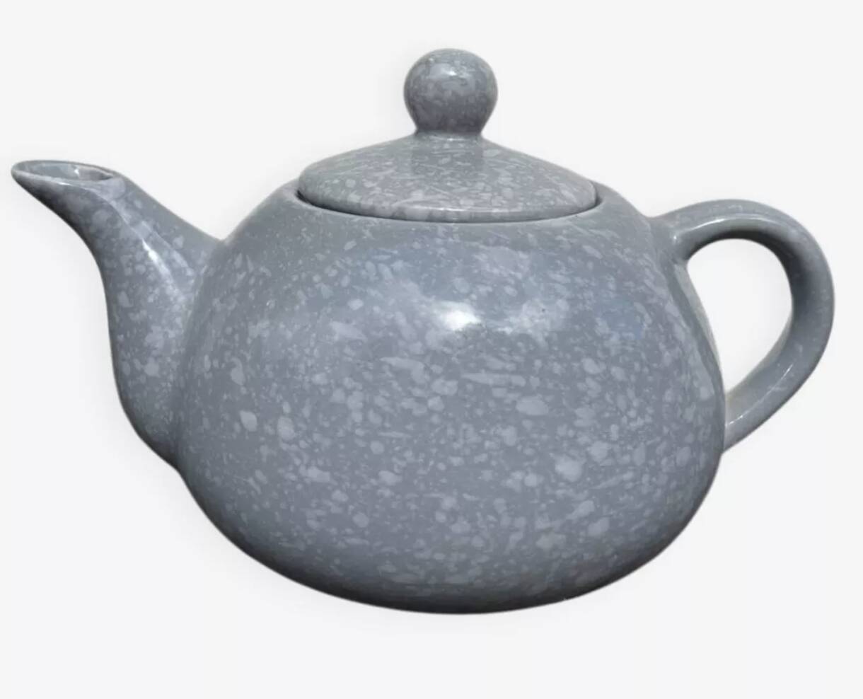 Théière 1980 grise et blanche moucheté