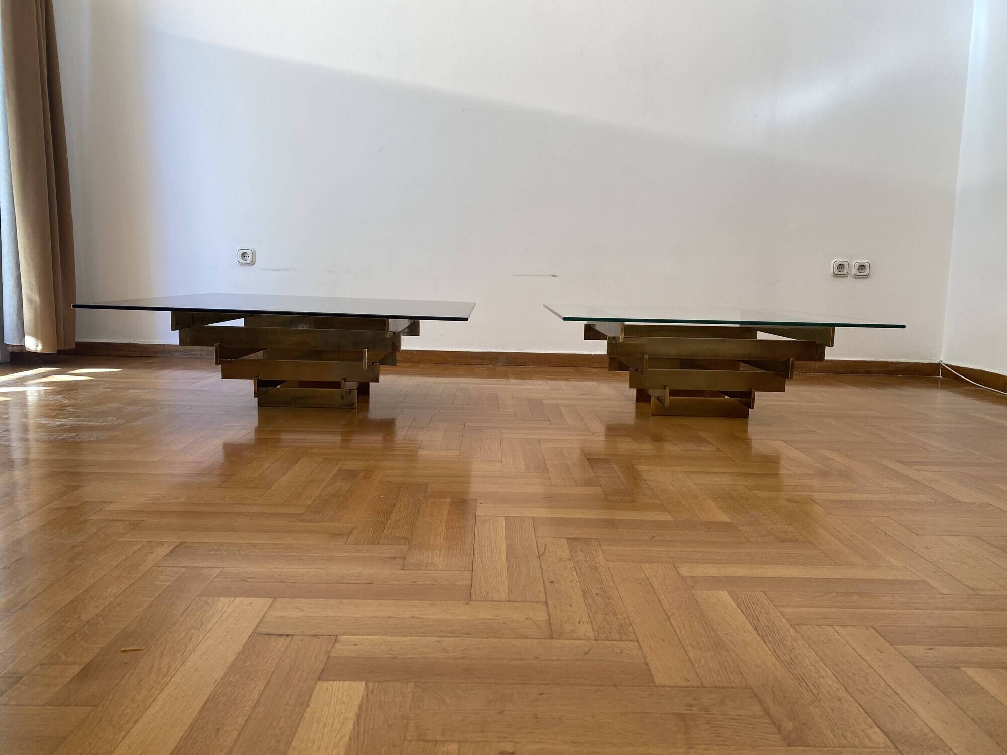 Vintage 1970s Square Coffee Table in Brass and Smoked Glass, David Hicks