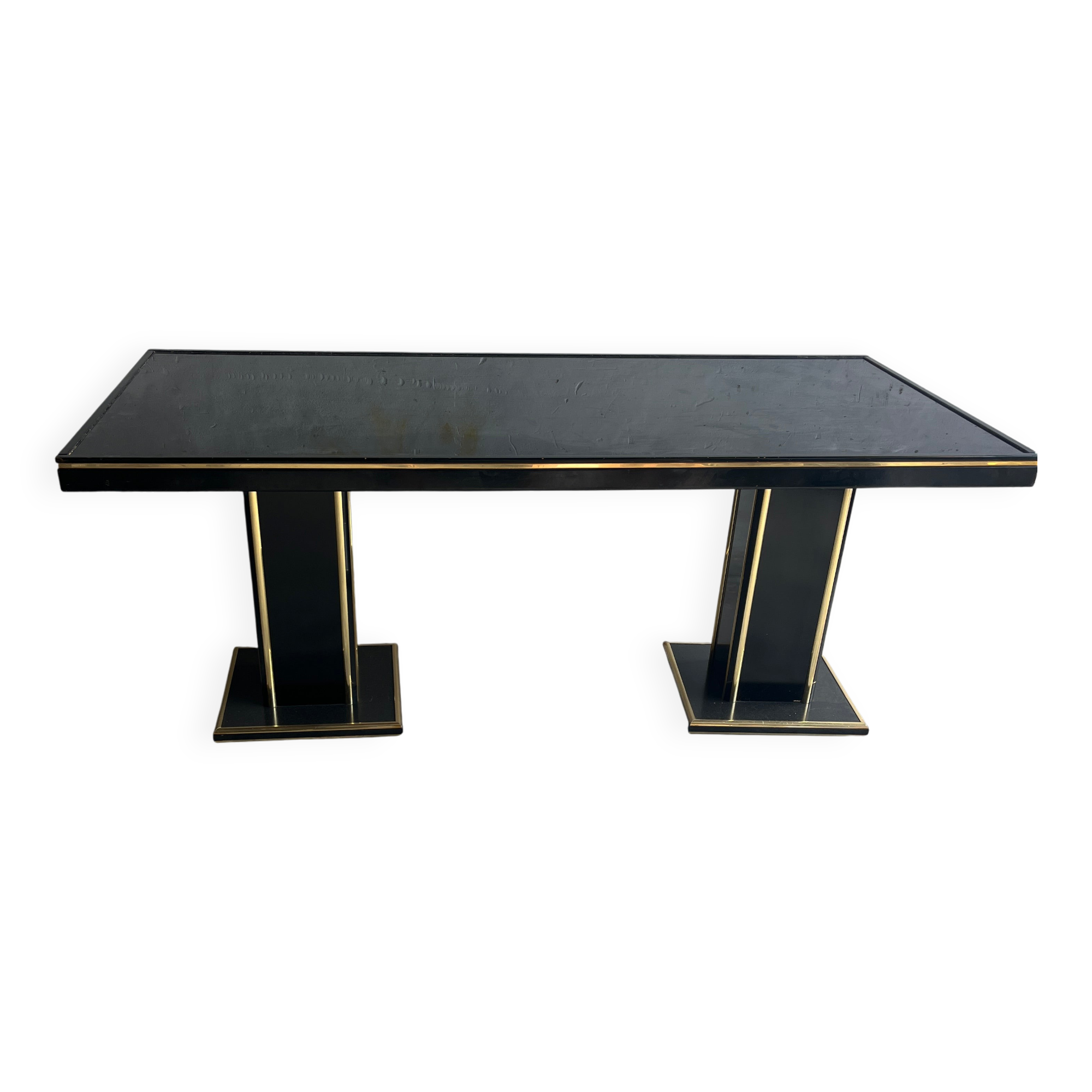 Black Lacquer and Brass Dining Table with Glass Top — Lacquered Wood, 1970s Double Pedestal