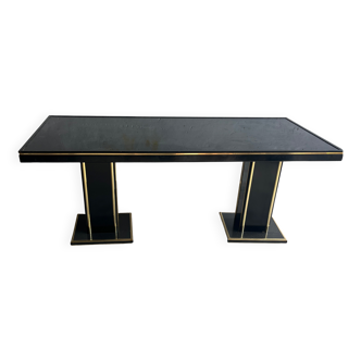 Black Lacquer and Brass Dining Table with Glass Top — Lacquered Wood, 1970s Double Pedestal