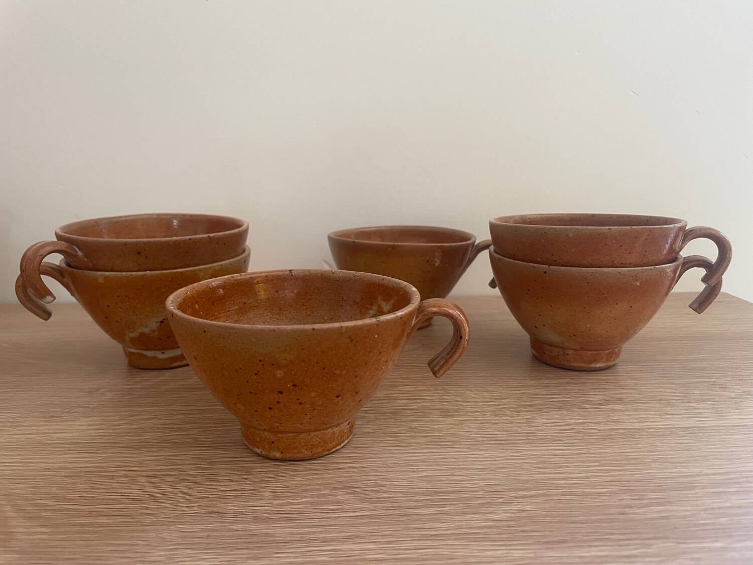 Set of 6 vintage handmade glazed stoneware mugs