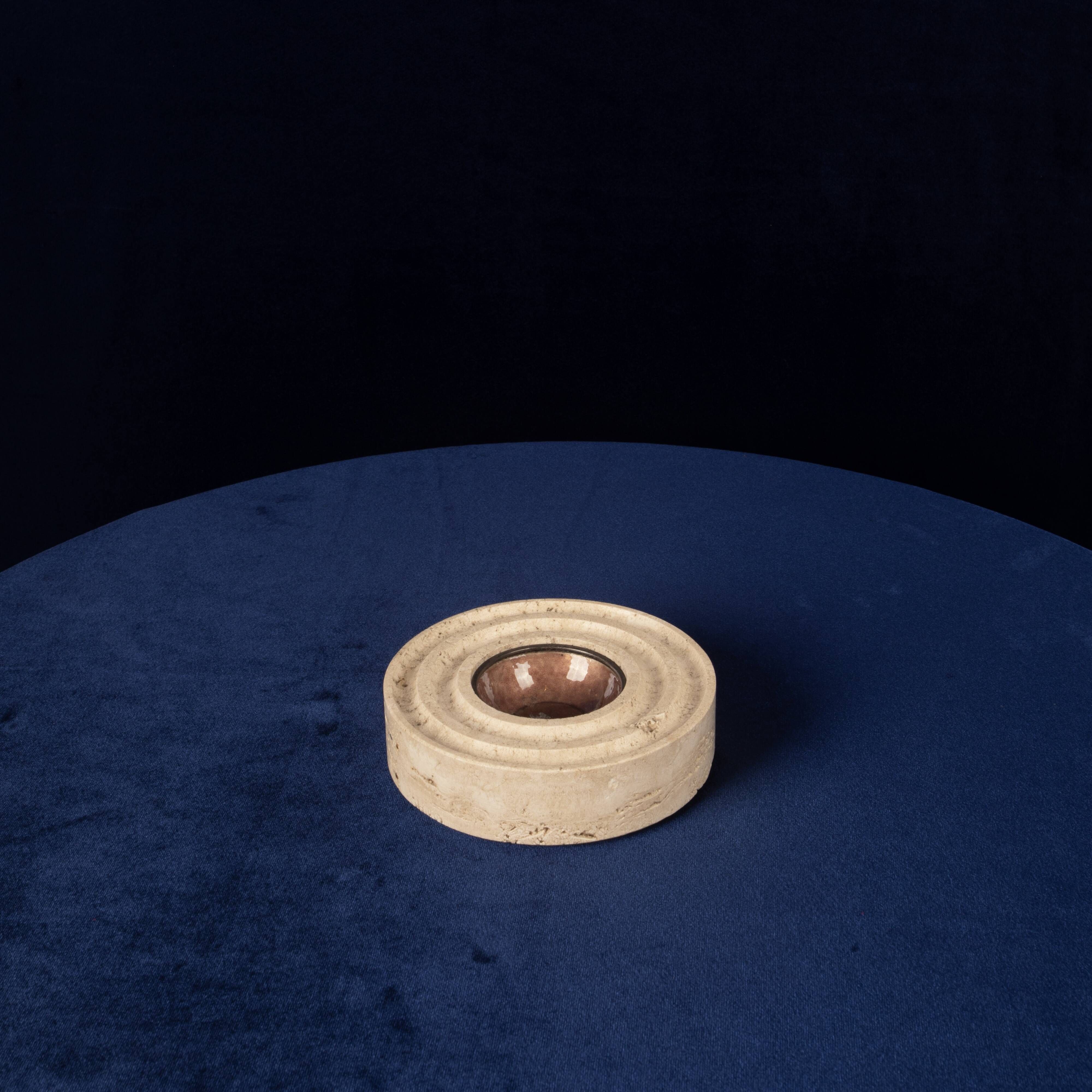 Italian Round Travertine and Copper-Toned Metal Ashtray, 1970