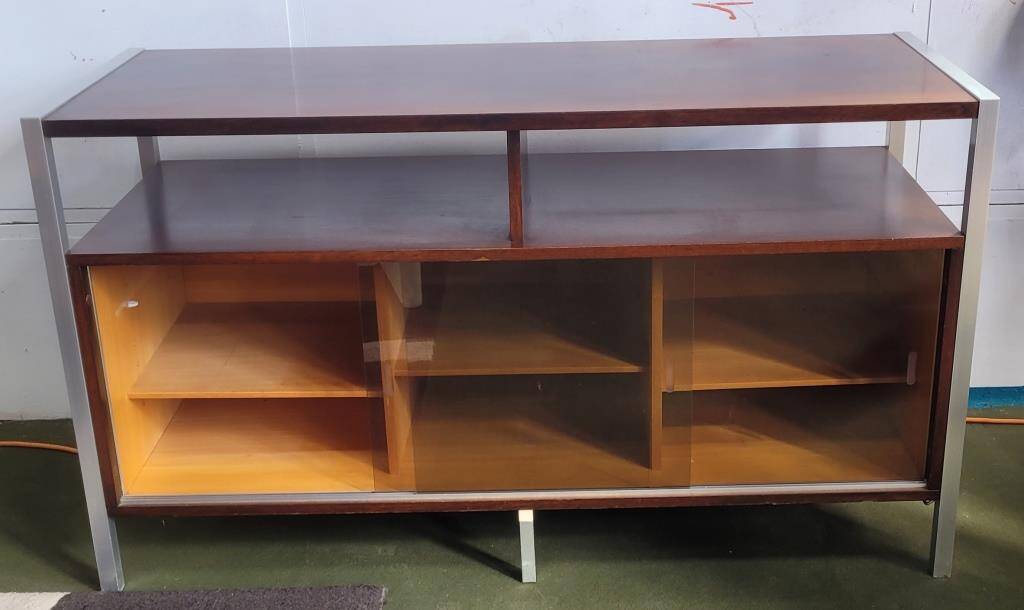 Hi-Fi cabinet in wood, brushed aluminum, smoked glass - 1970s