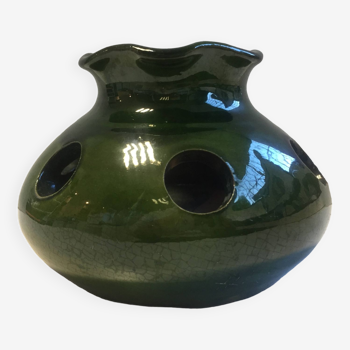 Old Bulb Pot Vase or Brasero Candle Holder Green Enameled Terracotta Pottery