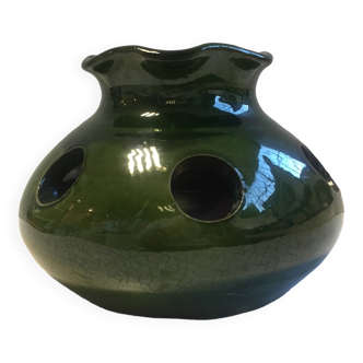 Old Bulb Pot Vase or Brasero Candle Holder Green Enameled Terracotta Pottery