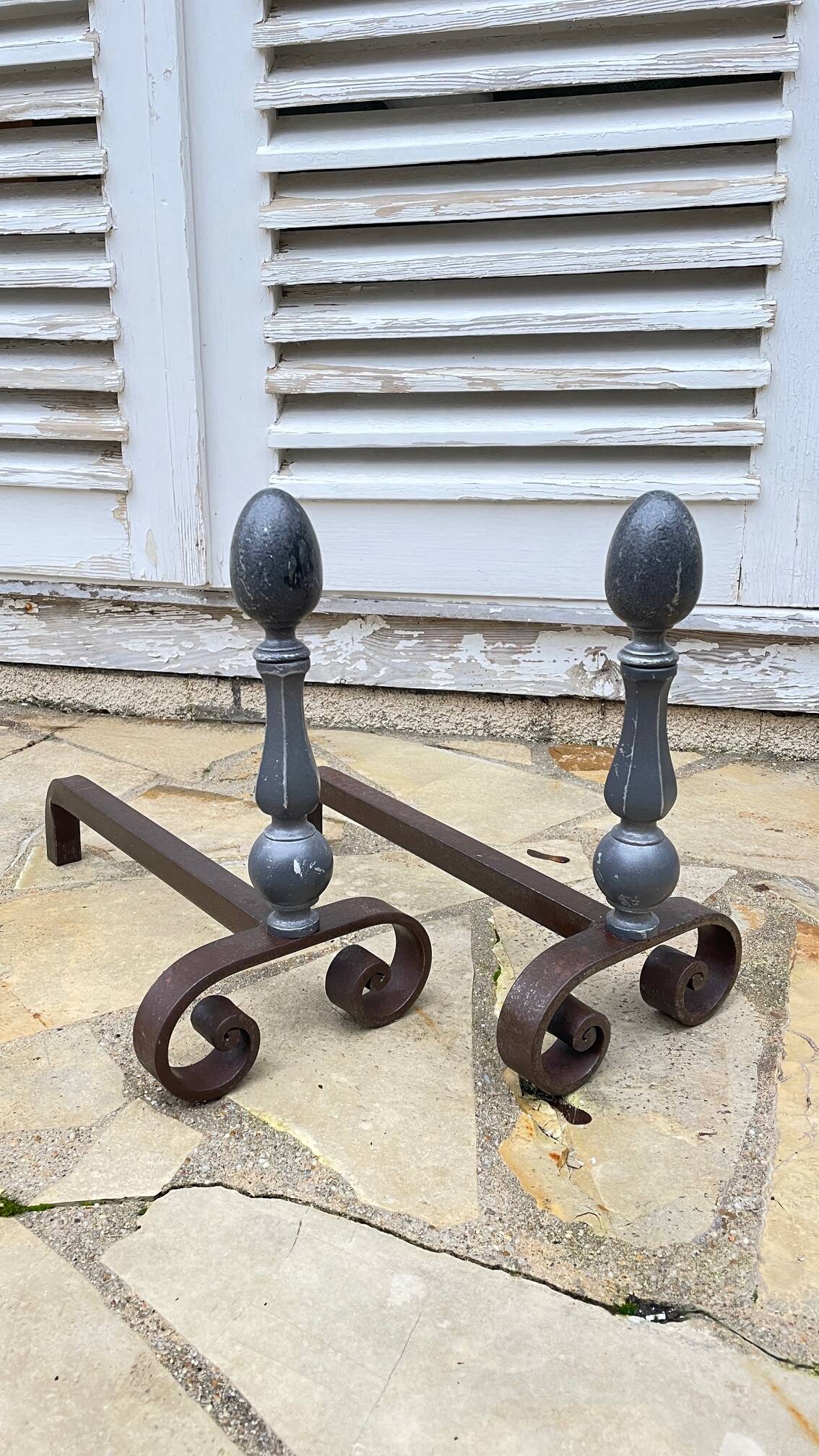 Pair of vintage geometric fire dogs