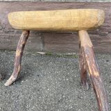 Pair of rustic 1940 brutalist wooden tripod farm stools vintage