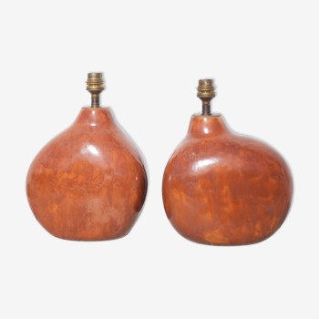 Pair of enamelled terracotta lamps