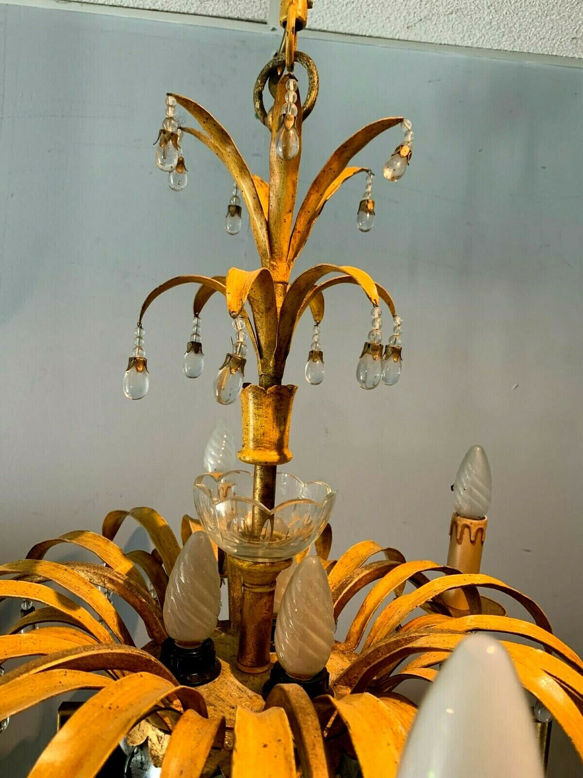 Glass chandelier and patinated sheet metal Six arms of light XX century