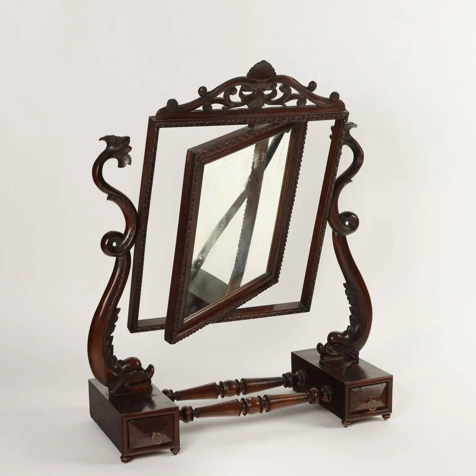 Small antique psyché mirror in mahogany and poplar, Italy, 19th century.