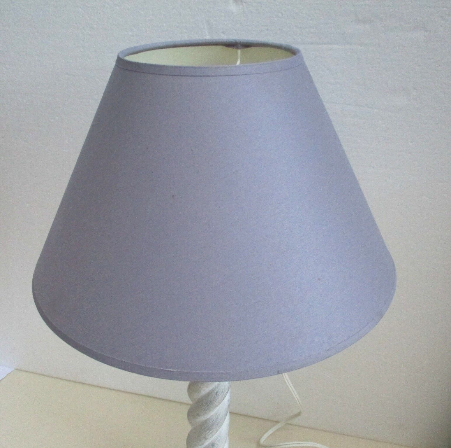 White and grey wooden foot-laying lamp, grey lampshade