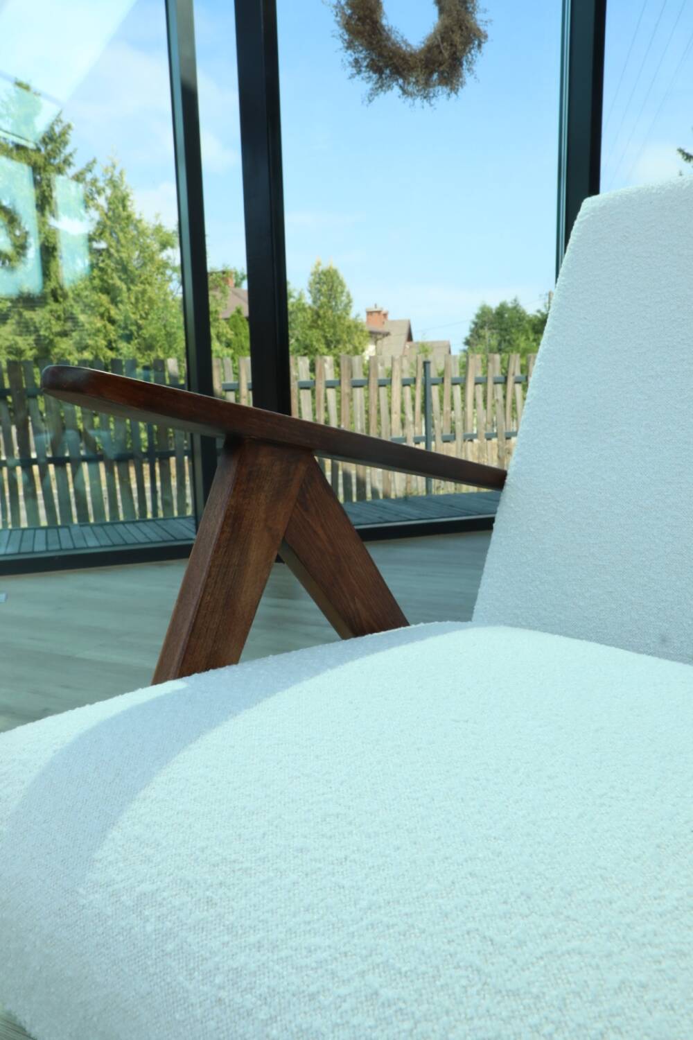 Vintage armchair mid century modern design white boucle dark walnut wood colour 1970 restored chair