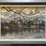 Painting HST Yvonne Blin ec. XX° "View of a mountain lake"