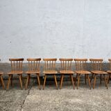 Set of 8 vintage bistro chairs – Warm stained wood – Compass legs