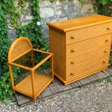 Chest of drawers and bedside table in rattan cane and oak, vintage 1970s