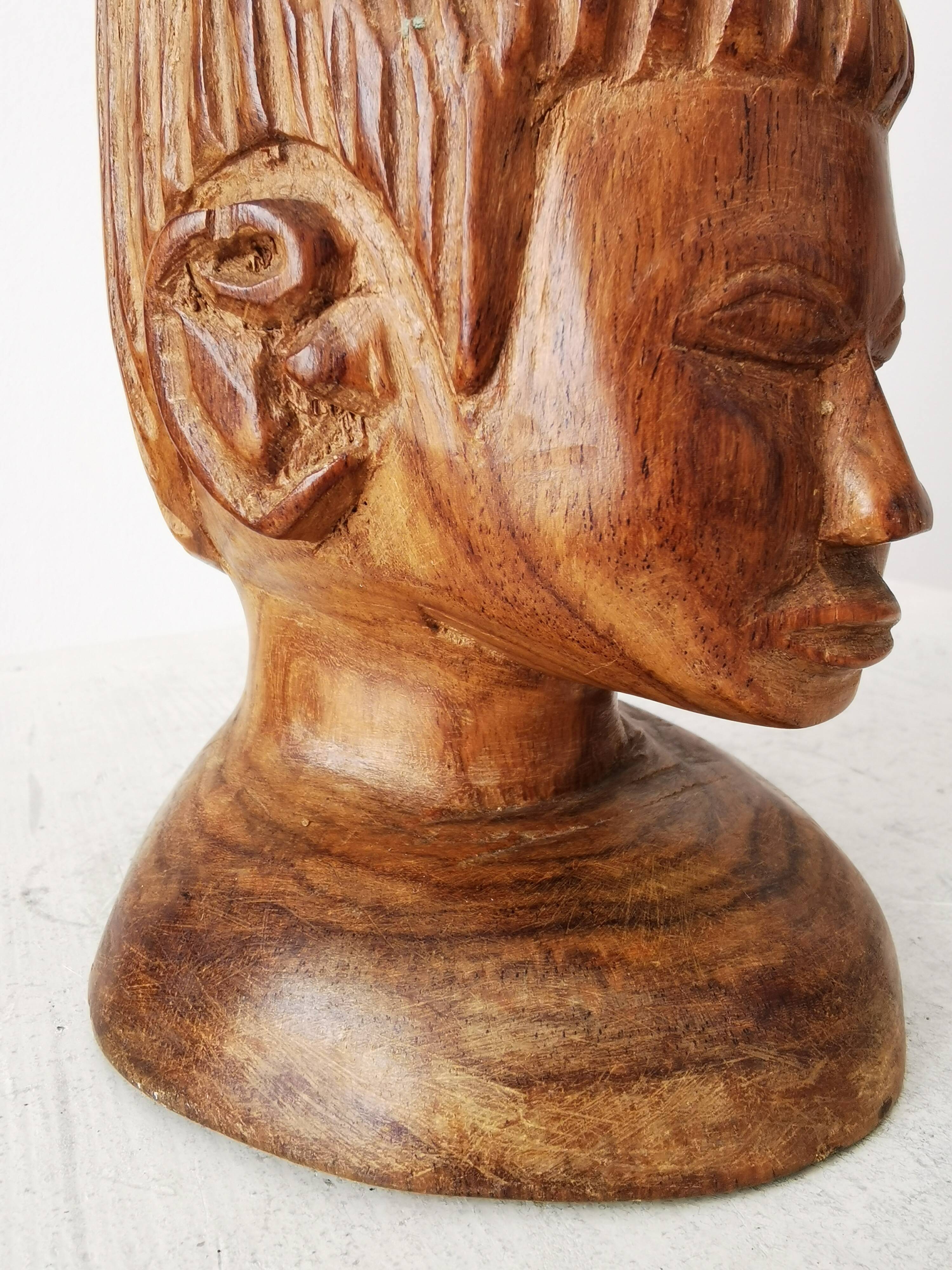Hand Carved African Ebony Woman Bust: Vintage Tribal Sculpture