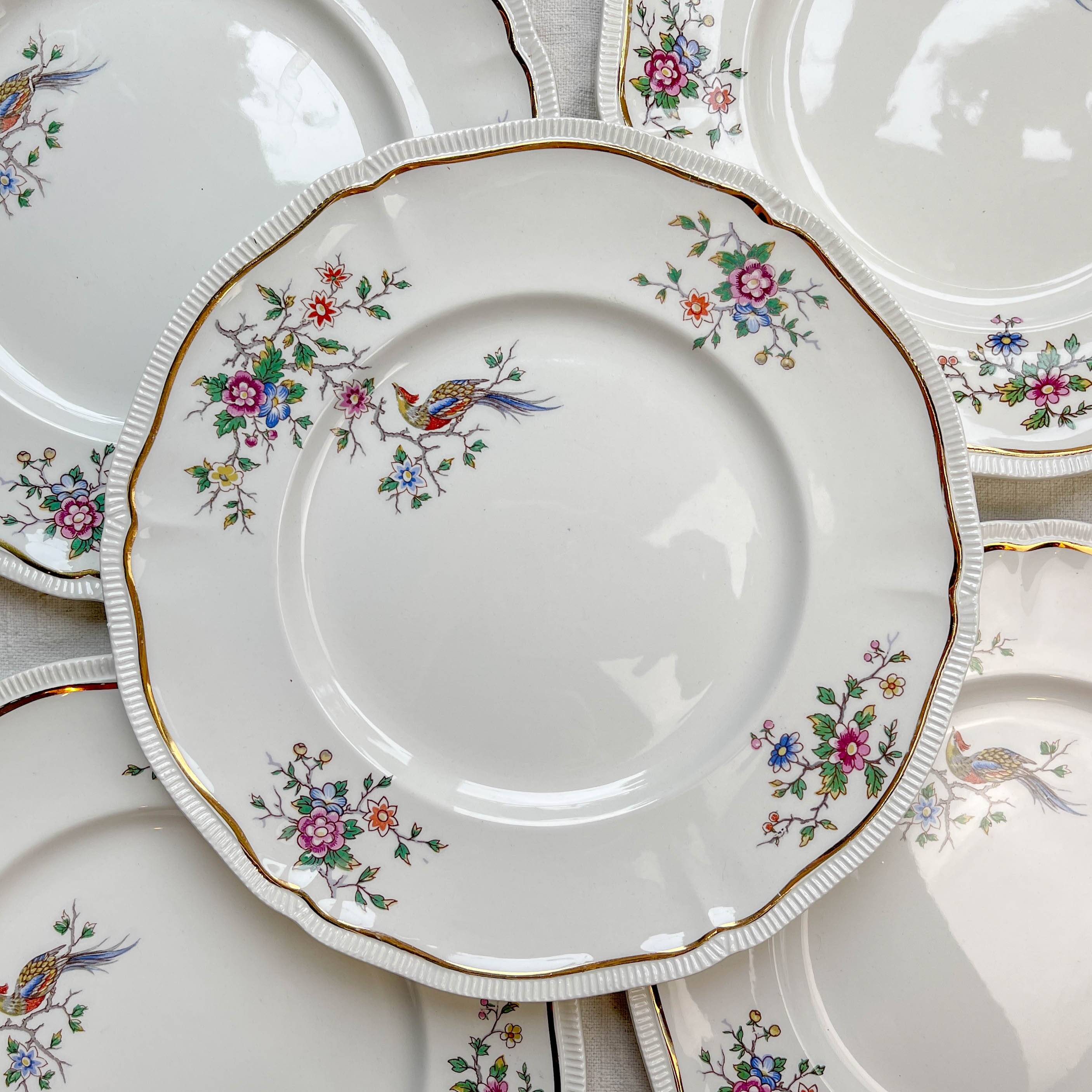 5 Vintage Longchamp Chantilly Porcelain Dinner Plates - Bird Motif