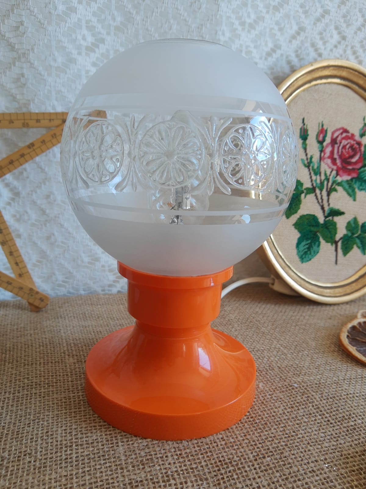 Retro orange table lamp and 70s glass globe