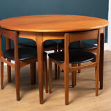 Retro teak 1960s round nathan dining table & space saving 4 chairs