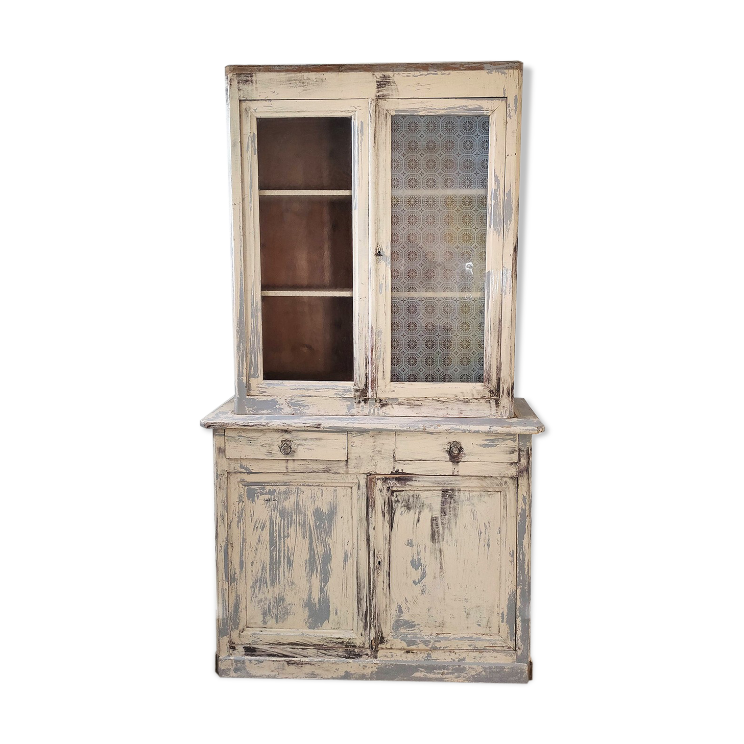 Buffet complet avec patine & vitres d'époque meuble de métier vintage