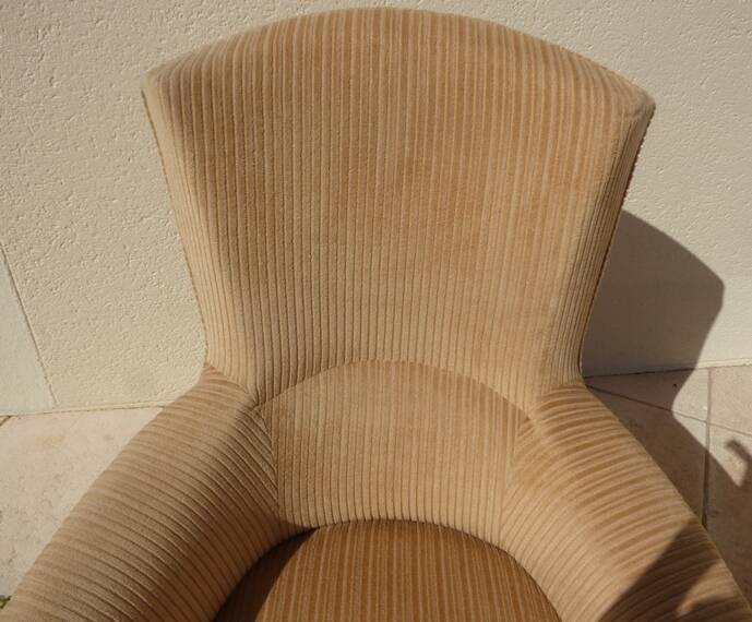 Old bergère upholstered in beige velvet – Firm back and seat