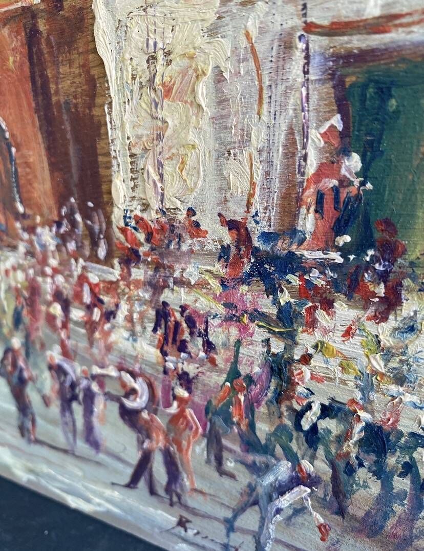 Oil painting "Sicilian Feast" in glass, 19th-century wooden frame.