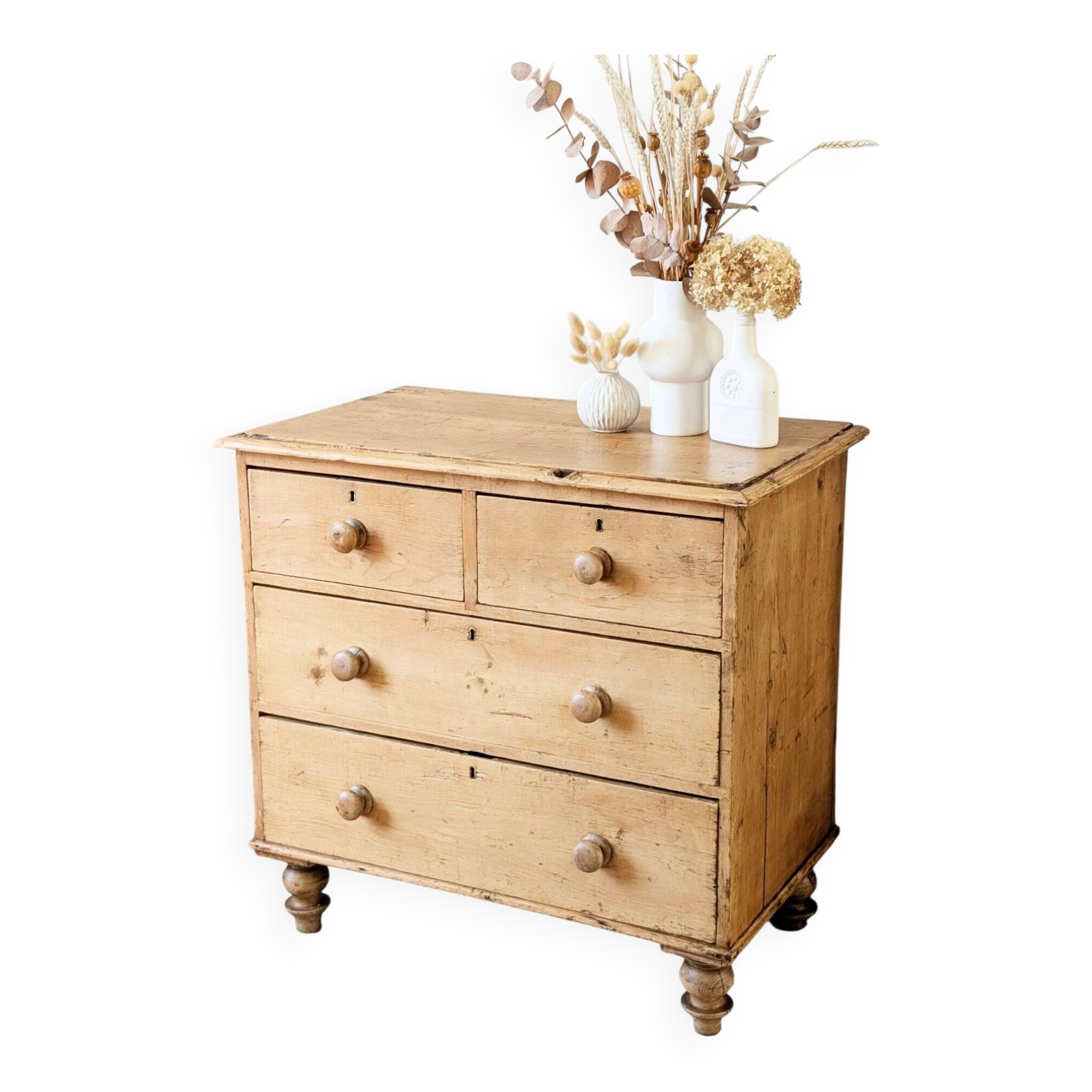 Renovated antique English solid pine chest of drawers.