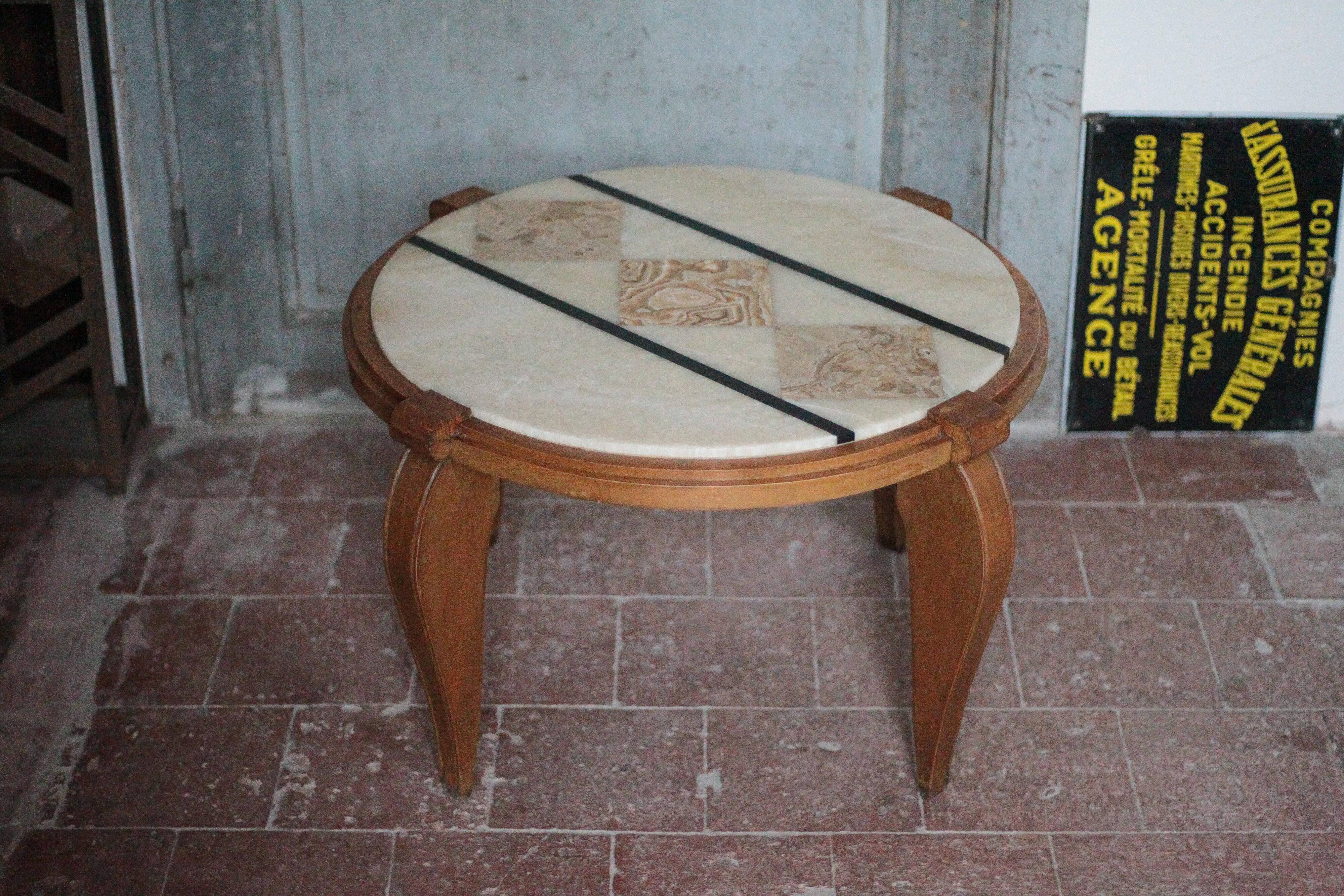 Art Deco wooden coffee table, marble top living room table, side table.
