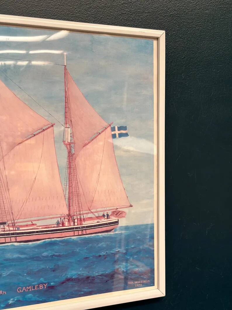 Swedish original print on paper – "Boat at Sea" by Egil Bergström – Signed – vintage and framed – 60.5 × 50.5 cm (23.8 in × 19.8 in)