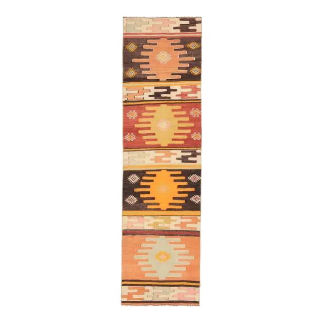 Vintage Turkish Hand-Knotted Wool Cotton Orange Runner Rug 60x217