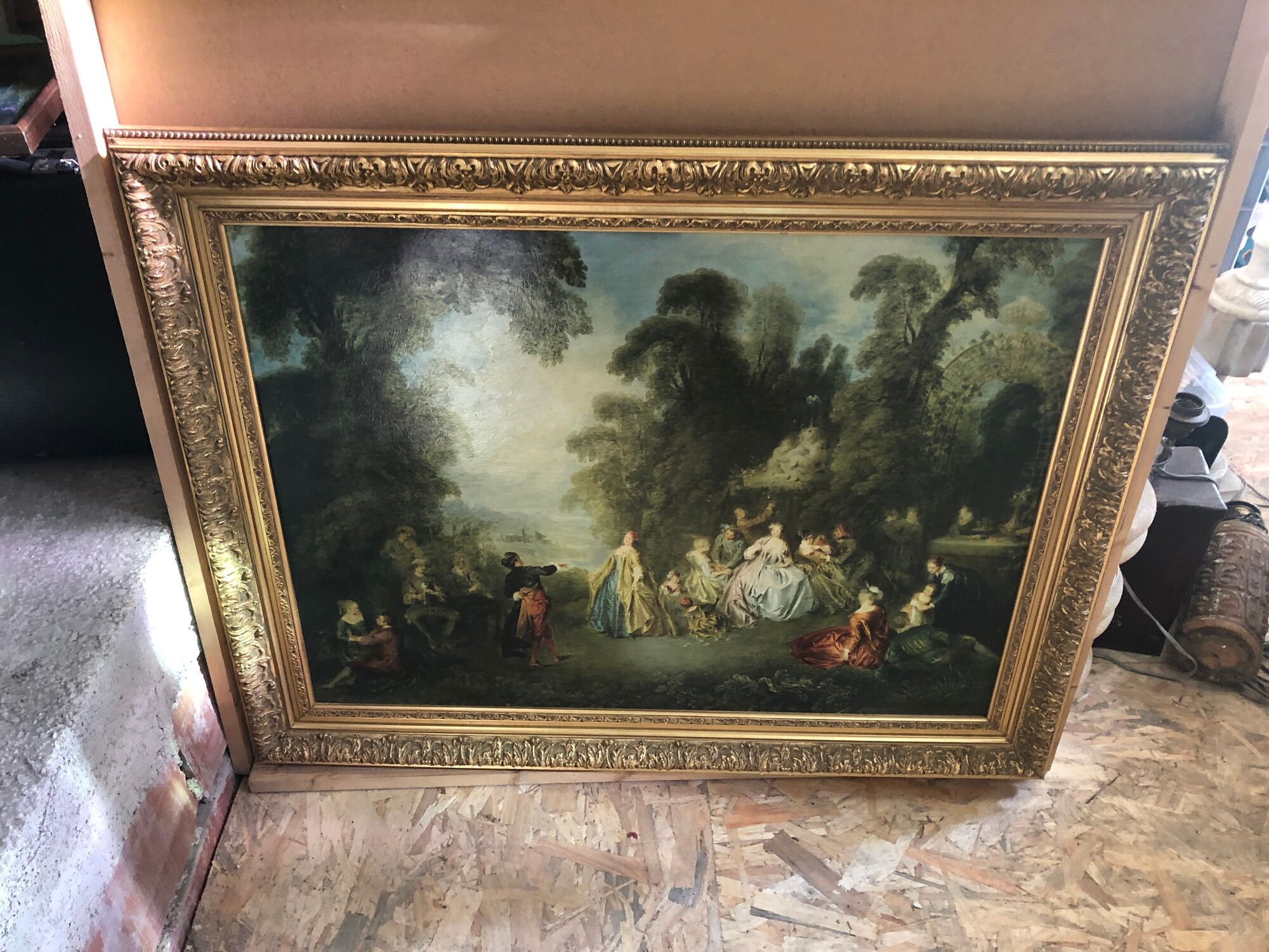 Old painting print on canvas + frame carved wood Gilded Vintage #2